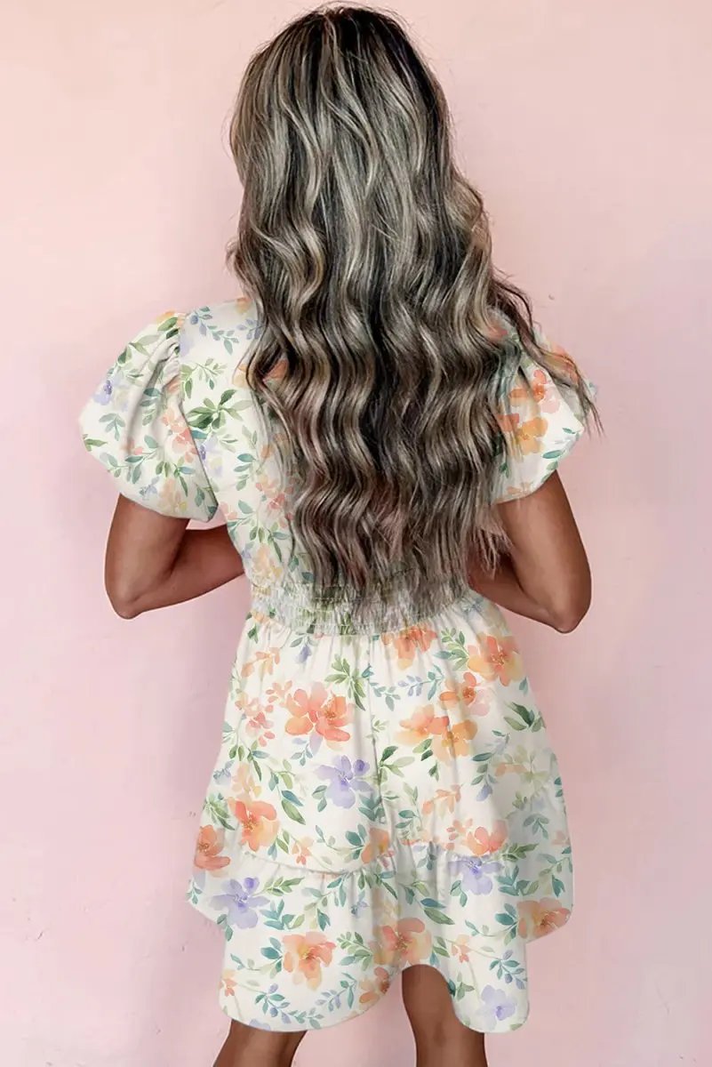 Beige Floral Print Shirred High Waist Puff Sleeve Mini Dress - Love Salve